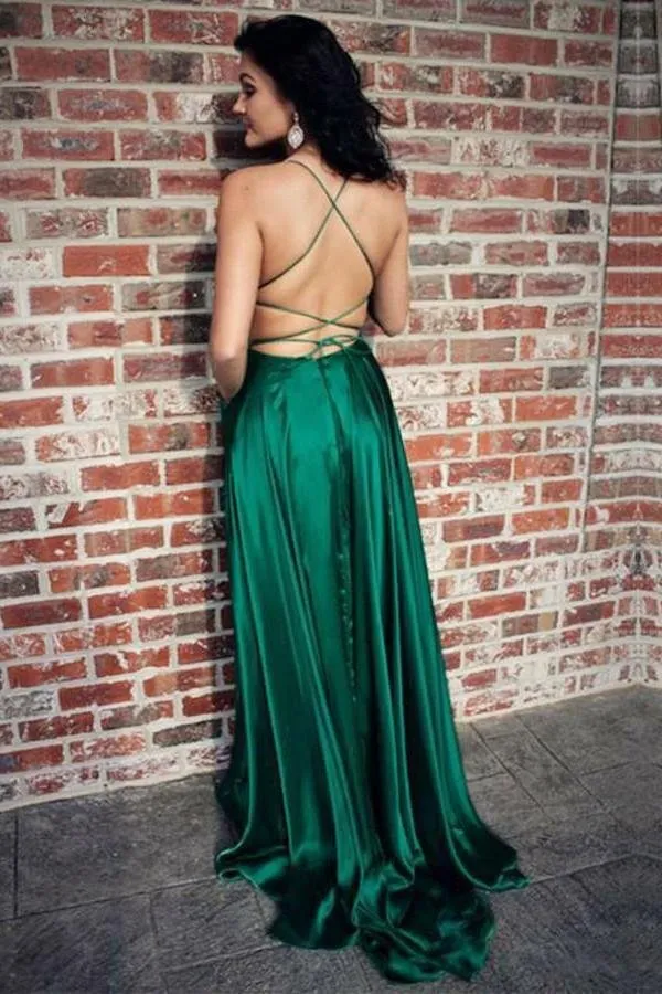 A line Prom Dresses Criss-Cross Straps Long Evening Dresses