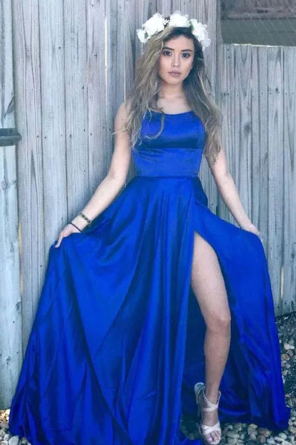 A line Prom Dresses Criss-Cross Straps Long Evening Dresses