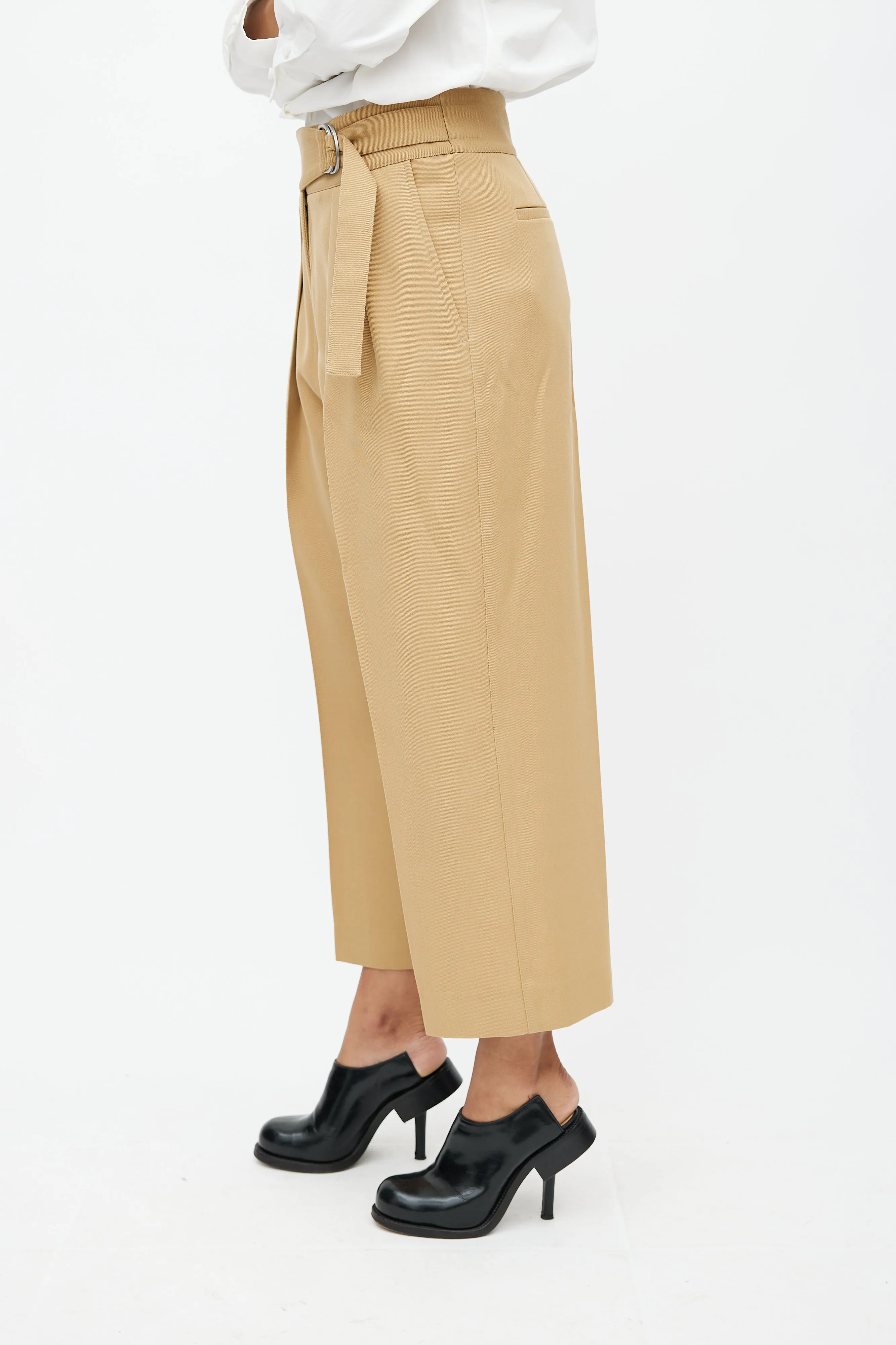 Beige Cropped Belted Trouser