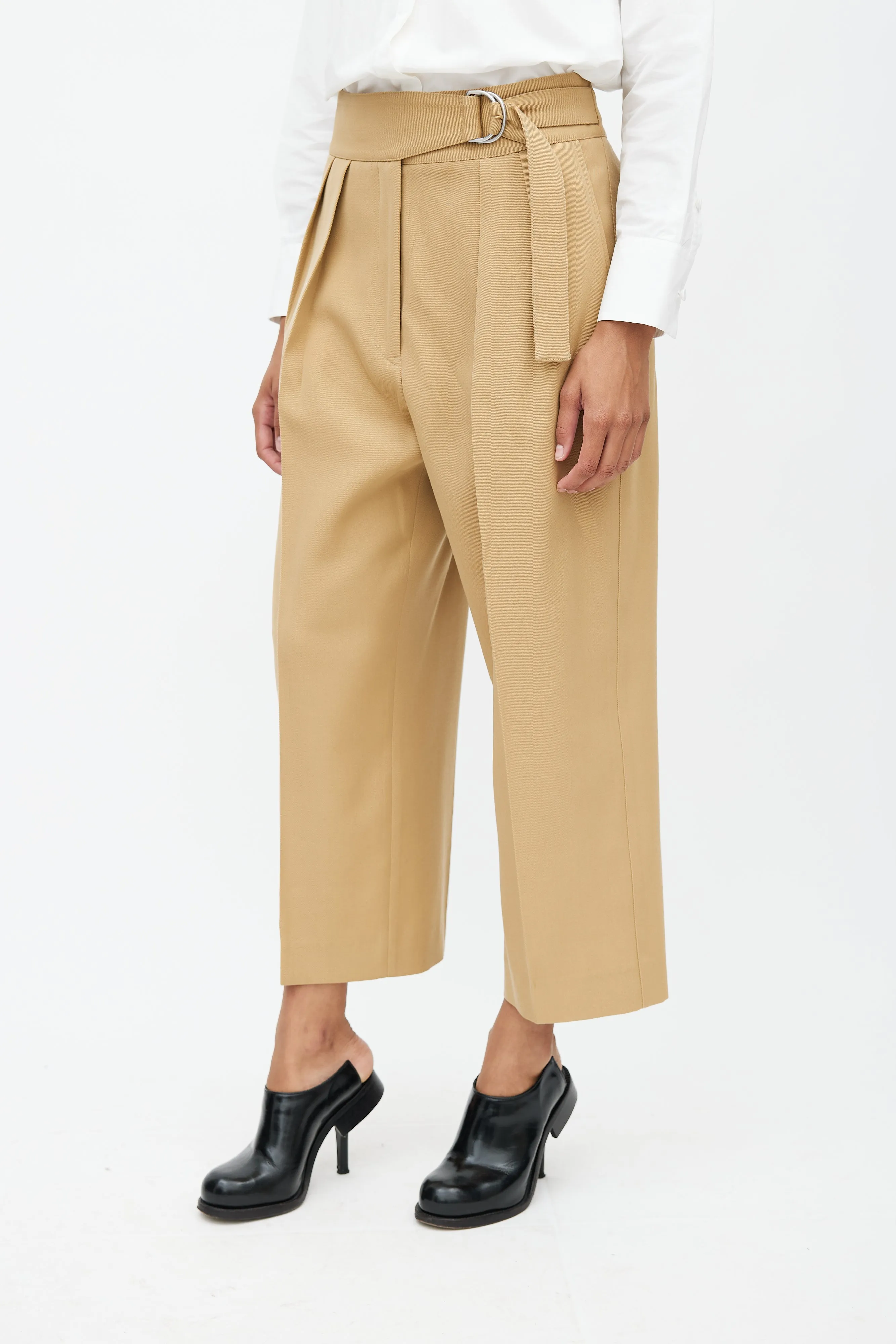 Beige Cropped Belted Trouser