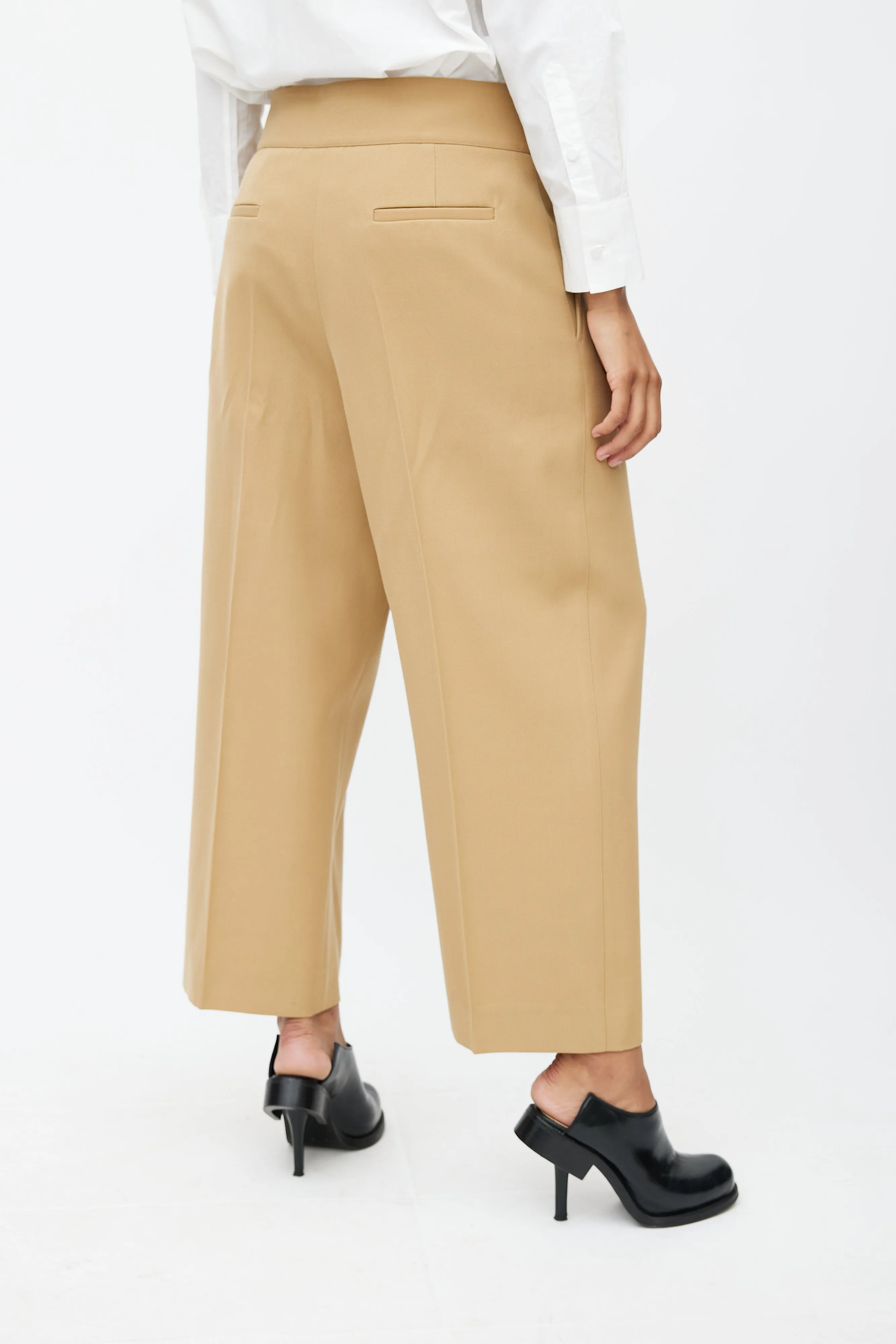 Beige Cropped Belted Trouser