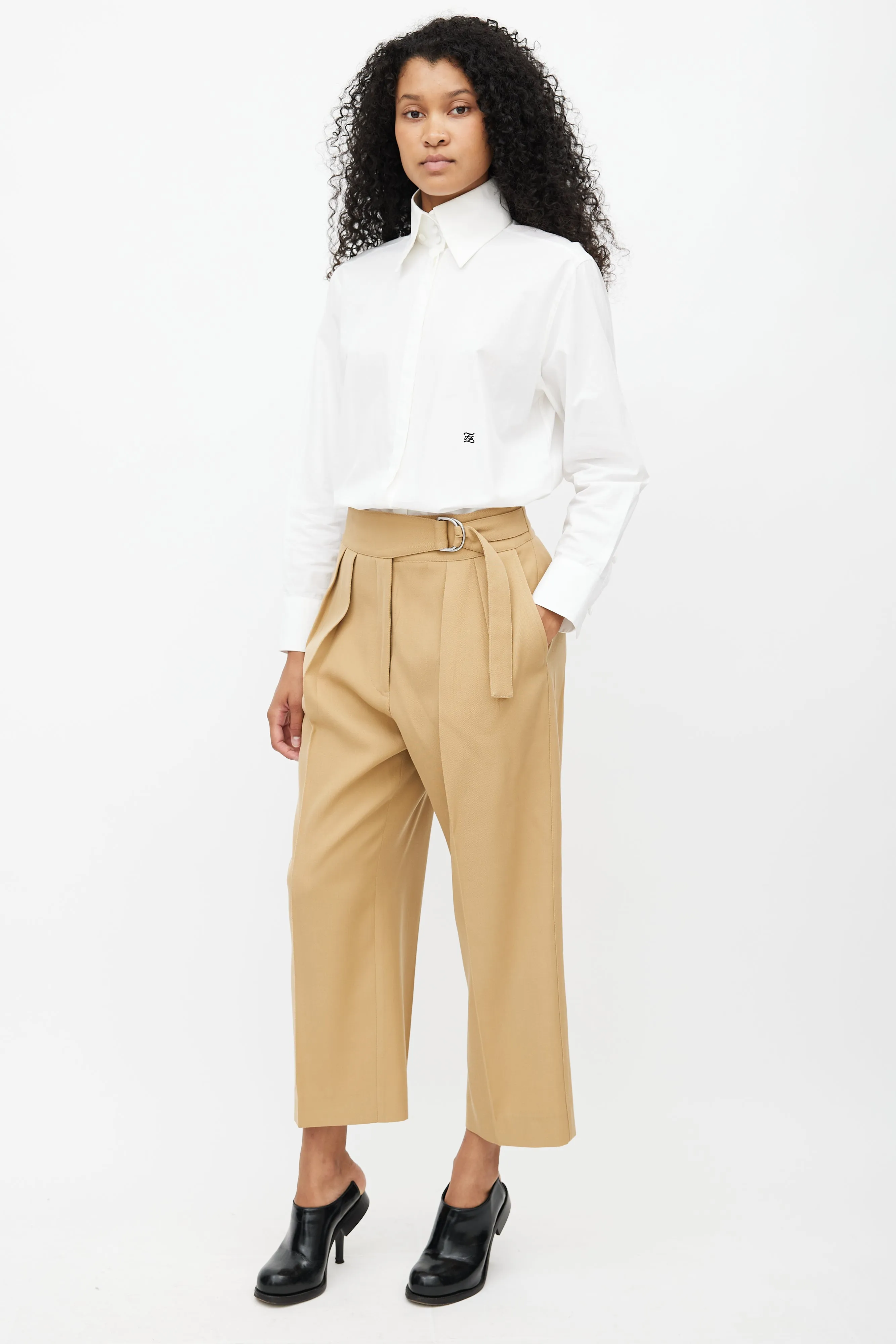 Beige Cropped Belted Trouser