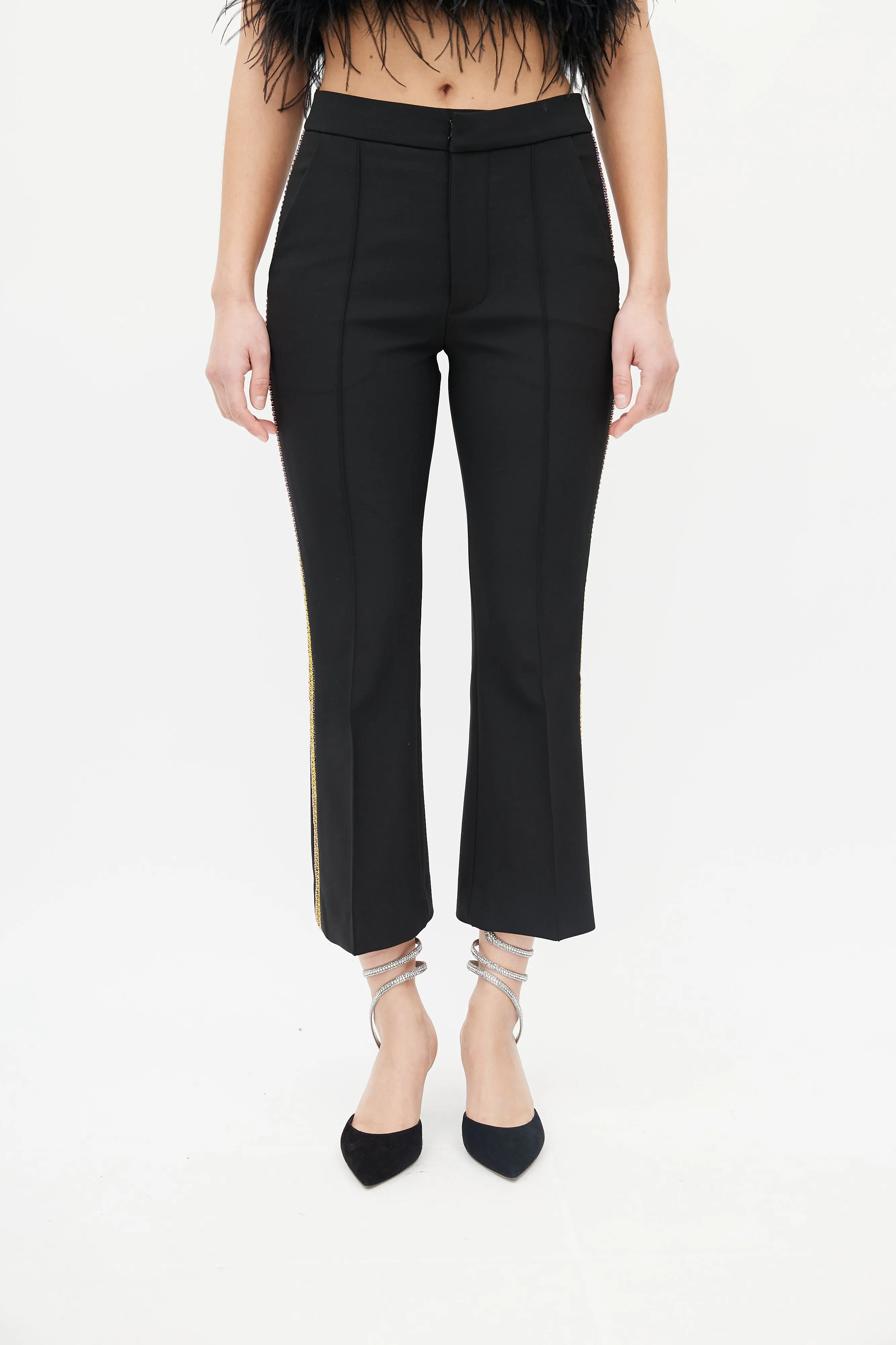 Black & Multi Diamante Stripe Cropped Trouser