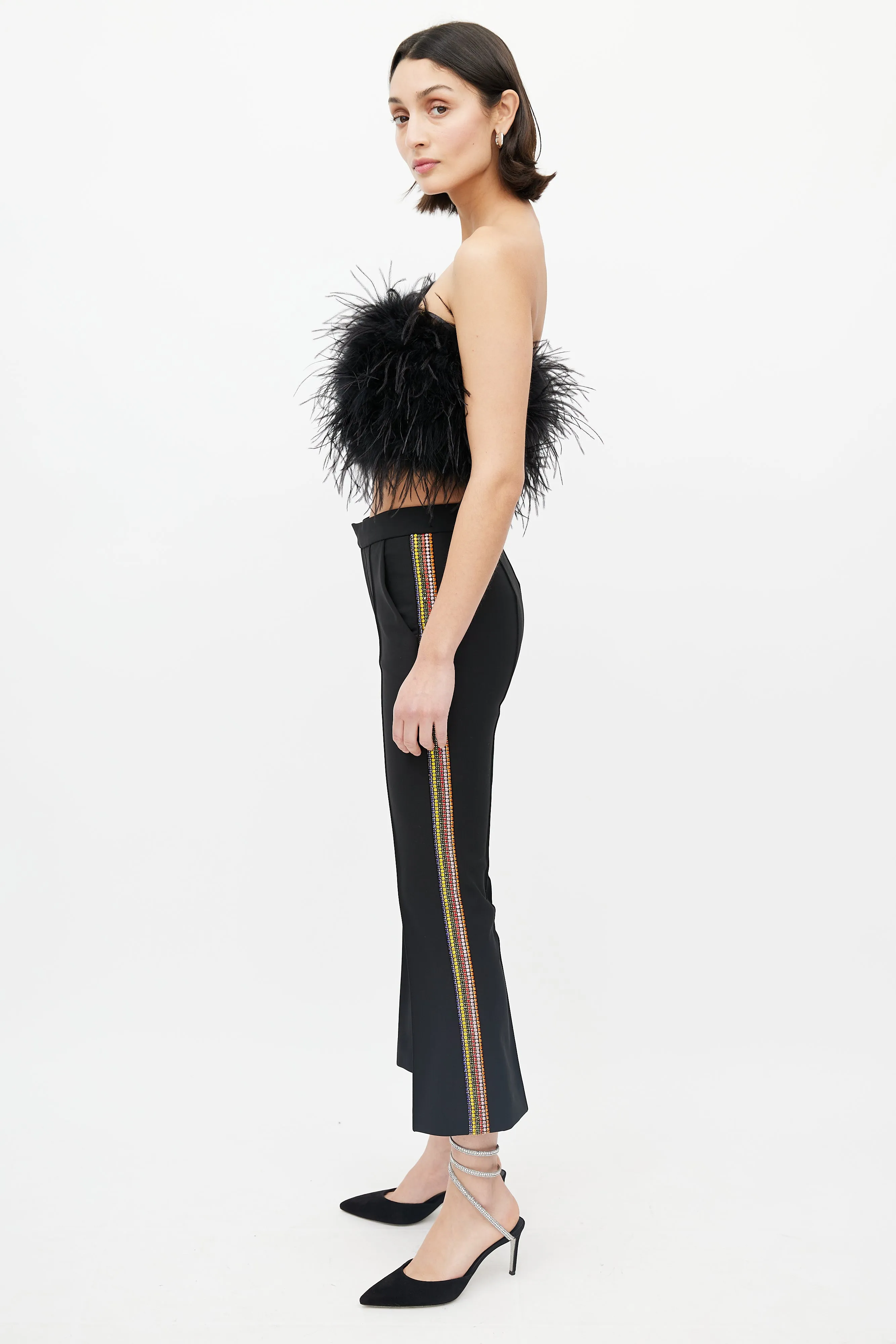 Black & Multi Diamante Stripe Cropped Trouser