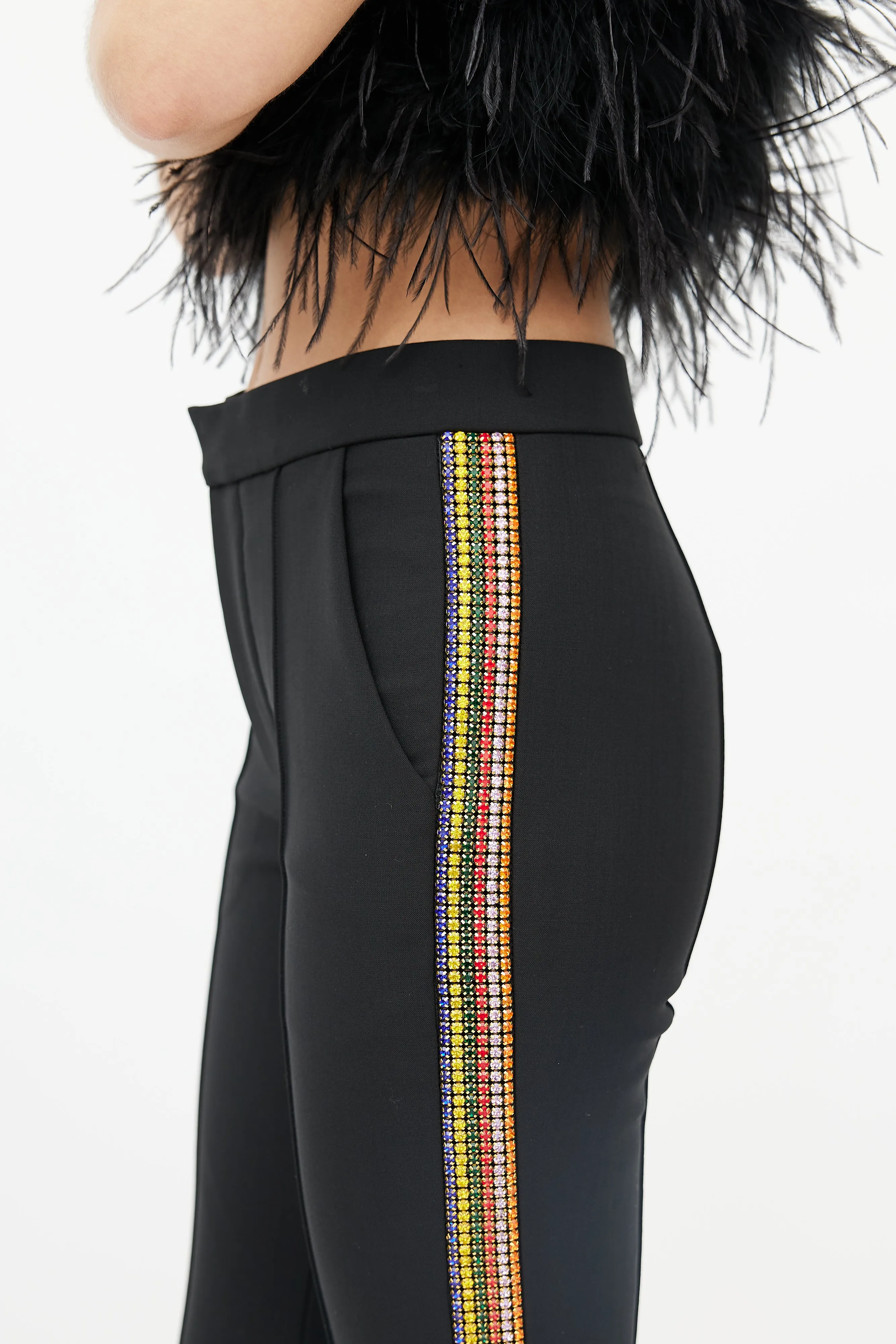 Black & Multi Diamante Stripe Cropped Trouser