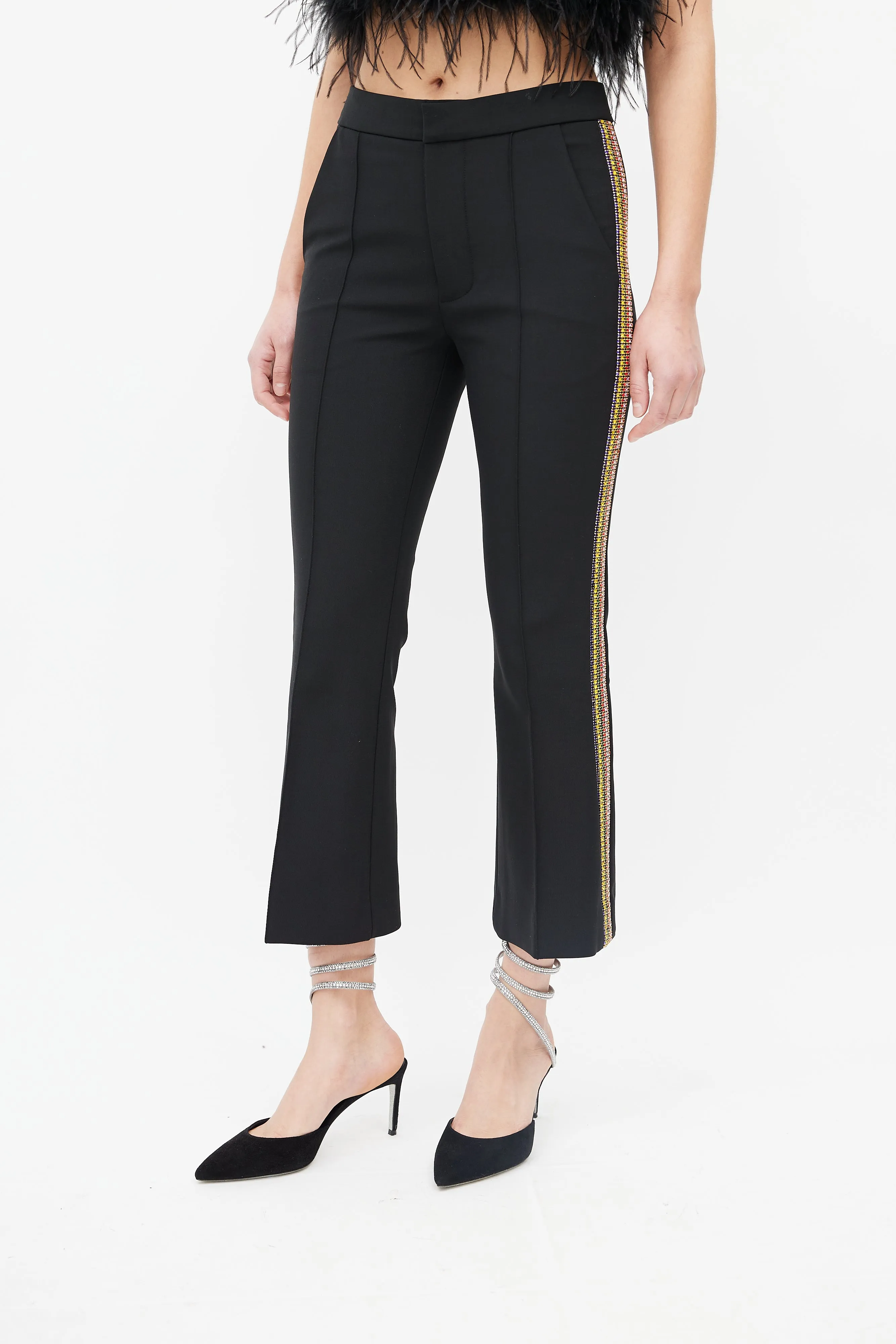 Black & Multi Diamante Stripe Cropped Trouser