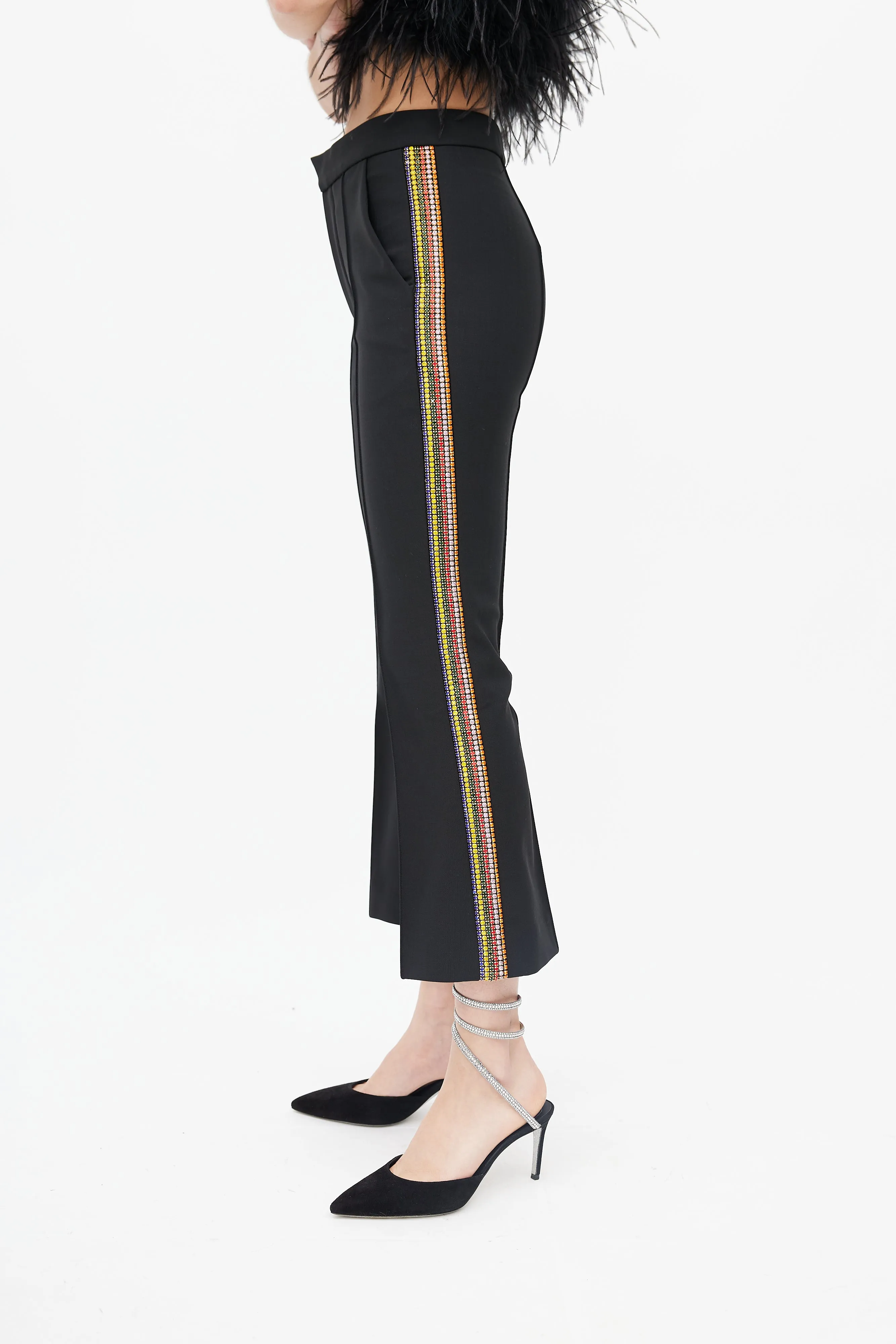 Black & Multi Diamante Stripe Cropped Trouser