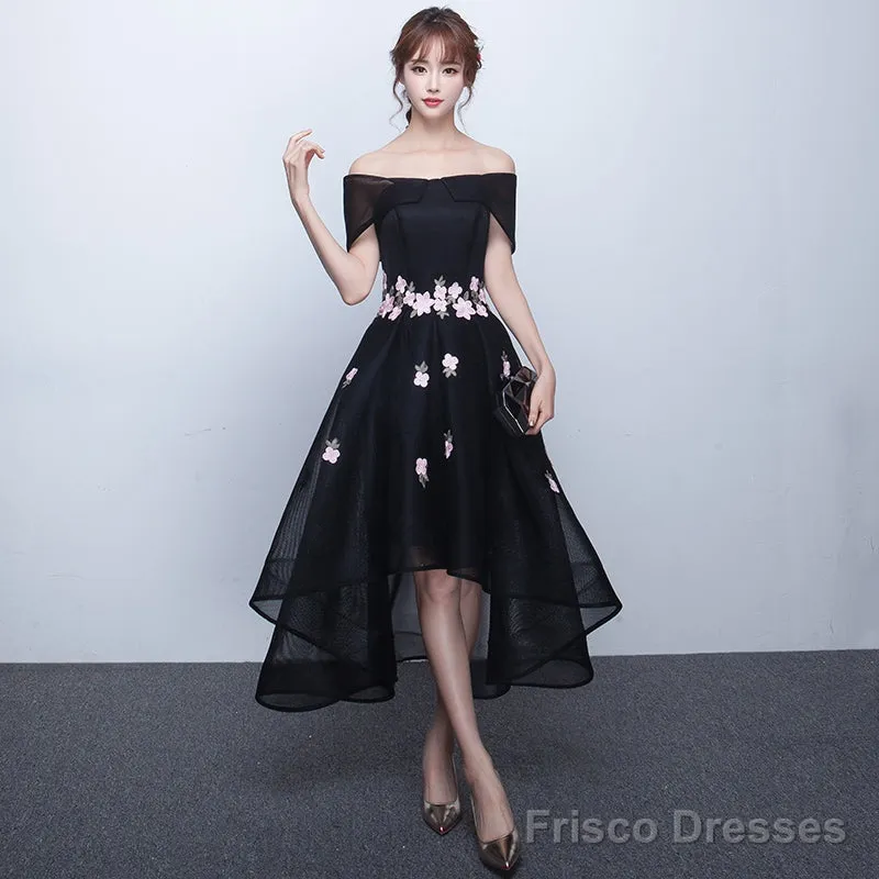 Black Off Shoulder High Low Party Dresses With Flower Lace, Black Short Homecoming Dresses