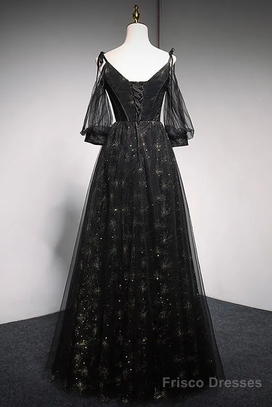 Black Straps Tulle Long Party Dress With Sleeves Evening Dress, Black A-Line Prom Dress Party Dresses