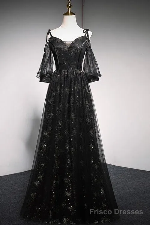 Black Straps Tulle Long Party Dress With Sleeves Evening Dress, Black A-Line Prom Dress Party Dresses