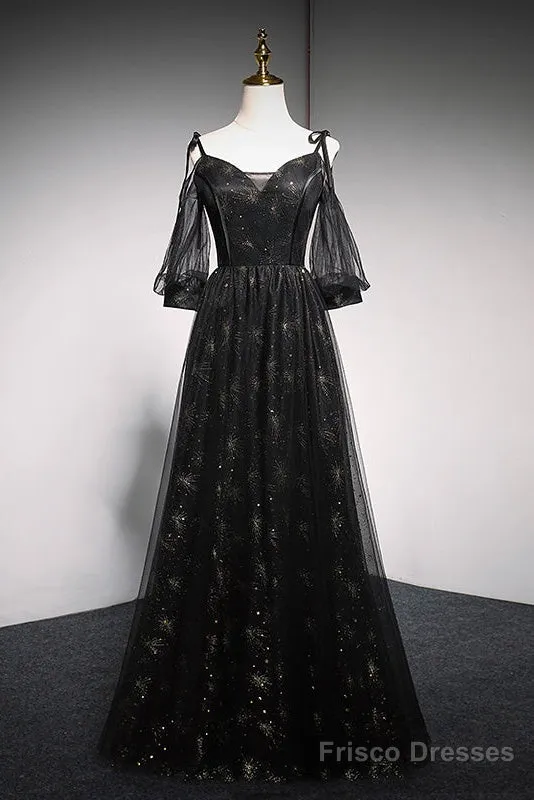 Black Straps Tulle Long Party Dress With Sleeves Evening Dress, Black A-Line Prom Dress Party Dresses