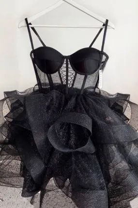 Black Tulle Short Prom Dresses A-Line Mini Party Dresses Sexy Homecoming Dresses