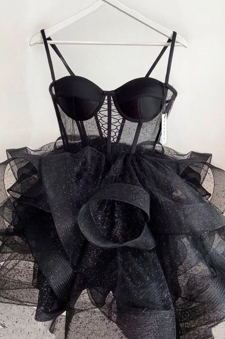 Black Tulle Short Prom Dresses A-Line Mini Party Dresses Sexy Homecoming Dresses