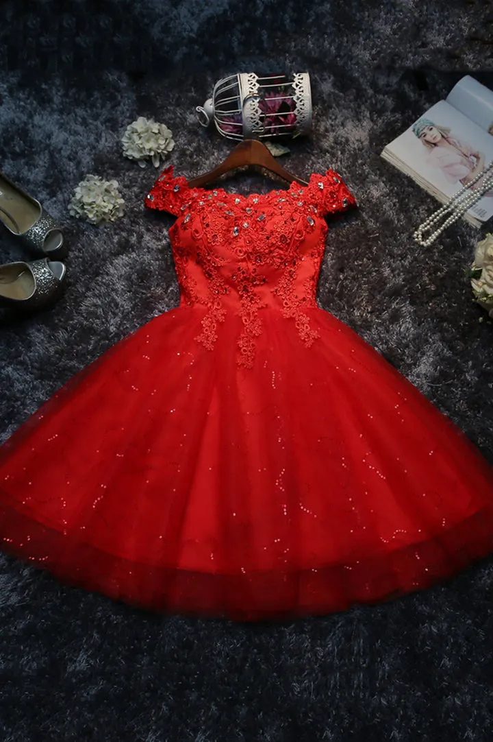 Cute Lace Short A-Line Prom Dresses Off the Shoulder Party Dresses Homecoming Dresses