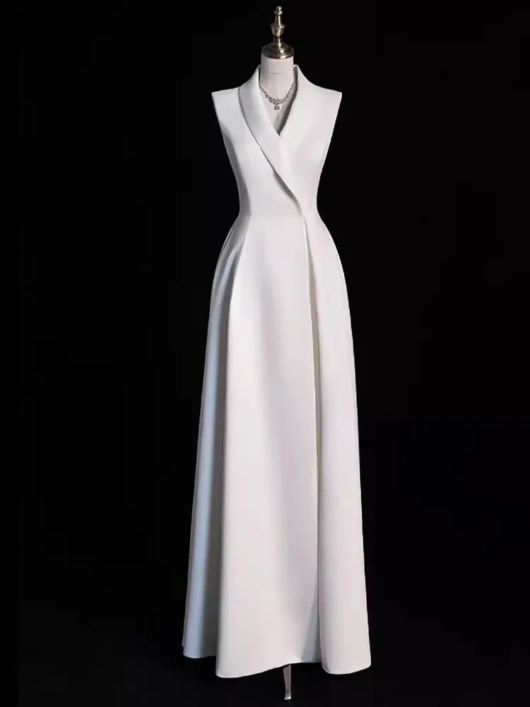 Elegant Off-the-Shoulder V Neck A line Satin Party Dresses Long Prom Dresses