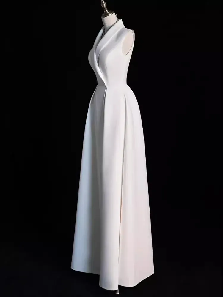 Elegant Off-the-Shoulder V Neck A line Satin Party Dresses Long Prom Dresses