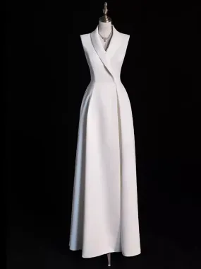 Elegant Off-the-Shoulder V Neck A line Satin Party Dresses Long Prom Dresses