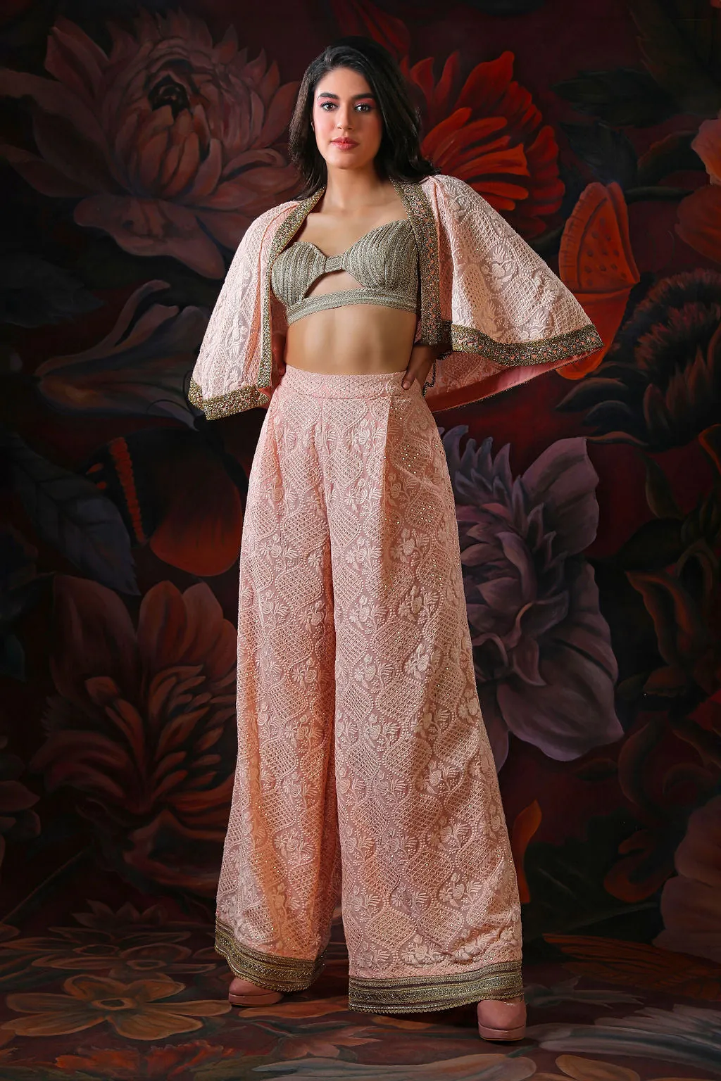Embroider Top With Chikan Plazo & Short Jkt