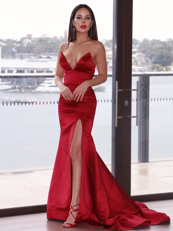 Evening & Prom Dresses Red Sweetheart Mermaid/Trumpet Satin Court Train Sexy Party Dresses