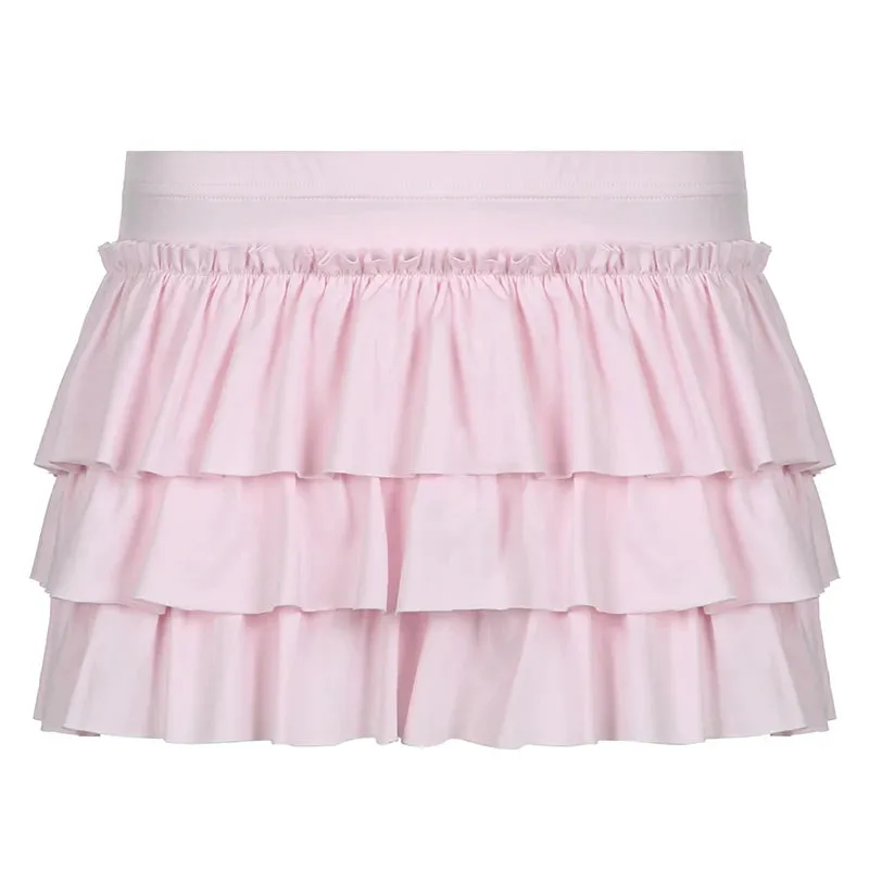 Hotsweet Pink Coquette Low Rise Mini Skirt Ruched Korean Lolita Cake Women Skirts Bow Three-Layers Folds Hottie Y2K