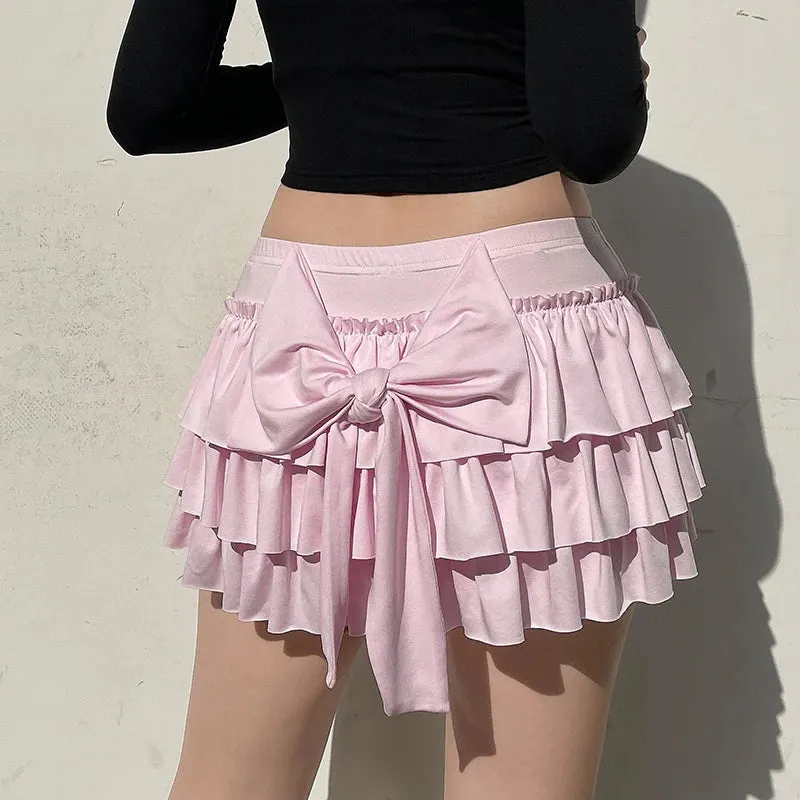 Hotsweet Pink Coquette Low Rise Mini Skirt Ruched Korean Lolita Cake Women Skirts Bow Three-Layers Folds Hottie Y2K