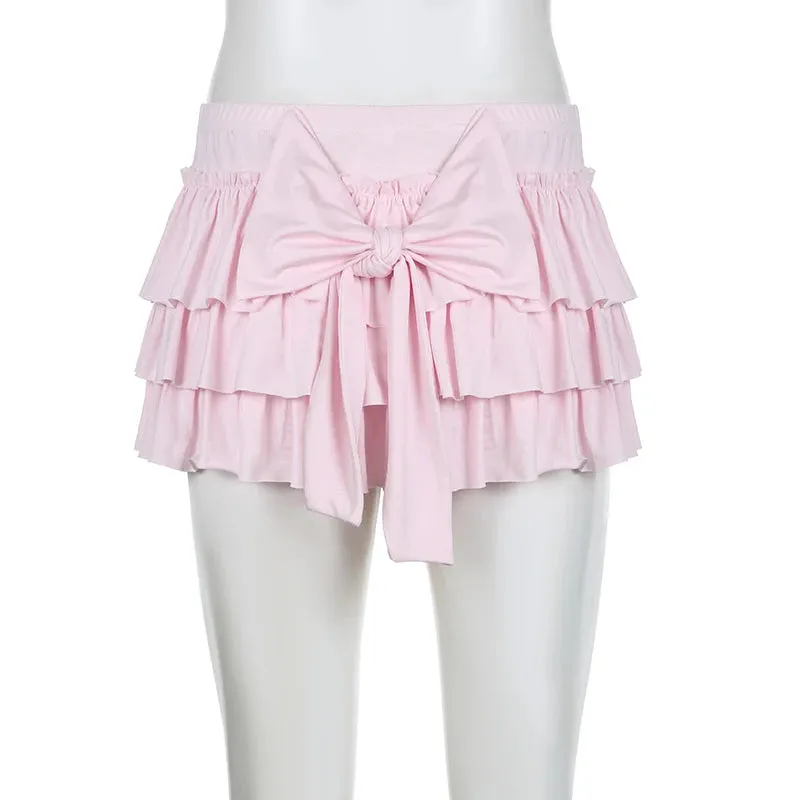 Hotsweet Pink Coquette Low Rise Mini Skirt Ruched Korean Lolita Cake Women Skirts Bow Three-Layers Folds Hottie Y2K