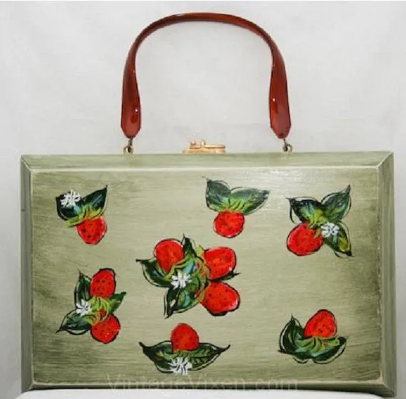 Strawberry Handbag - Box Purse - Hand-Painted - Strawberries - 1960s - Summer - Cute - Casual - Kitsch - Red - Green 32821