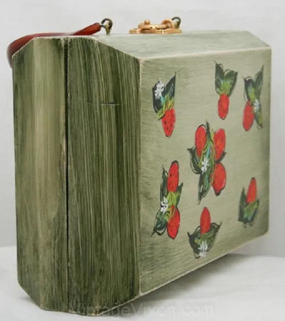 Strawberry Handbag - Box Purse - Hand-Painted - Strawberries - 1960s - Summer - Cute - Casual - Kitsch - Red - Green 32821